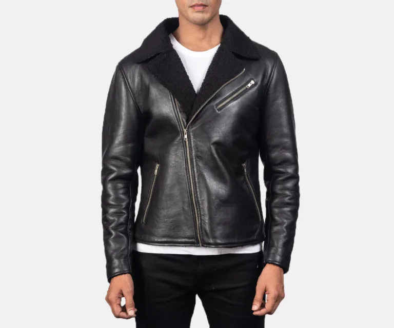 Alberto Shearling Black Leather Jacket — Front Zipped Placket & Collar Detail