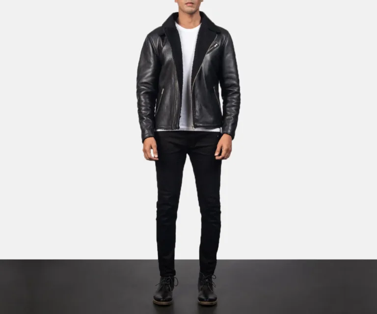 Alberto Shearling Black Leather Jacket — Rear Back View & Clean Hemline