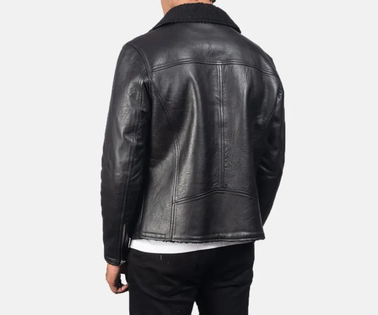 Alberto Shearling Black Leather Jacket — Macro Detail Texture, Stitching & Hardware