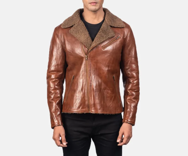 Alberto Shearling Brown Leather Jacket — Front Zipped Placket & Collar Detail