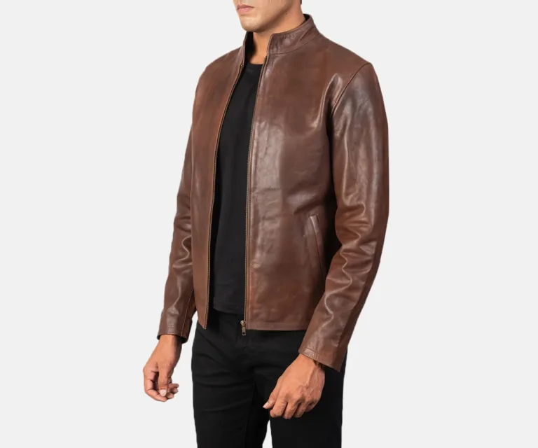 Alex Brown Leather Biker Jacket — Quarter Angle Side Profile & Contoured Sleeve Detail