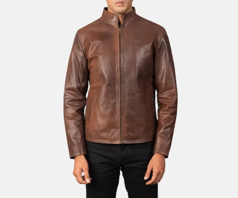 Alex Brown Leather Biker Jacket — Rear Back View & Tapered Waistband