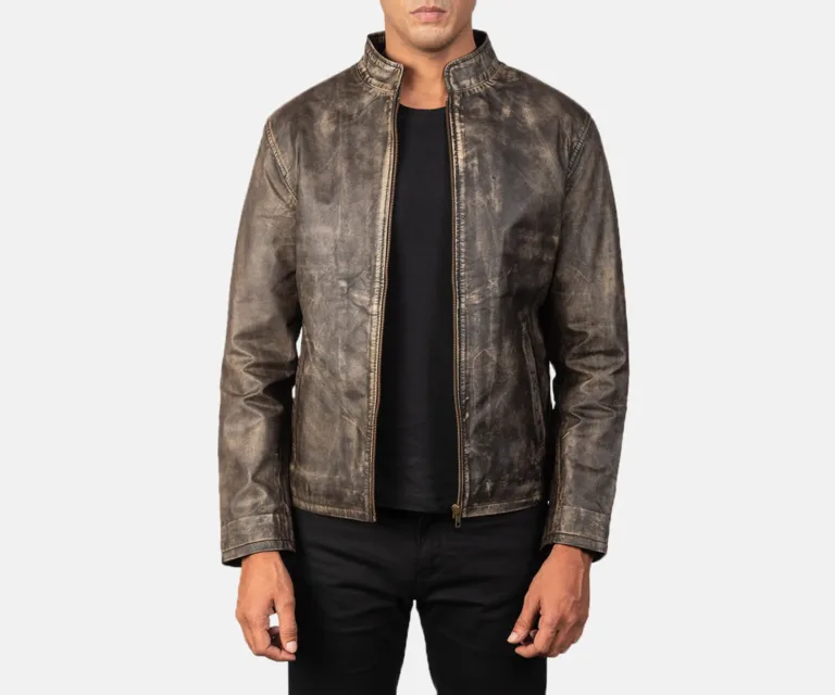 Alex Distressed Brown Leather Biker Jacket — Front Open Hero Presentation