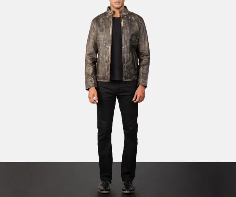 Alex Distressed Brown Leather Biker Jacket — Front Zipped Placket & Collar Detail