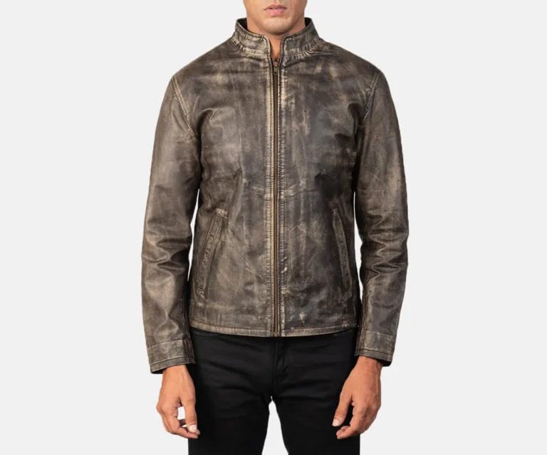 Alex Distressed Brown Leather Biker Jacket — Rear Back View & Clean Hemline
