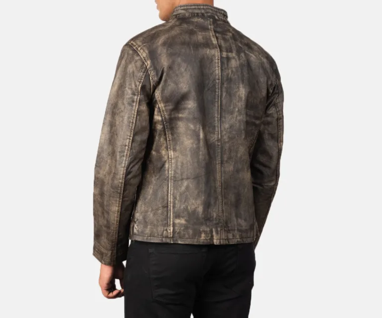 Alex Distressed Brown Leather Biker Jacket — Macro Detail Texture, Stitching & Hardware
