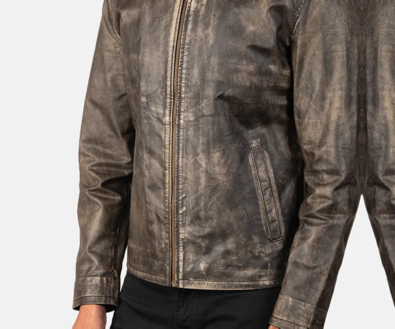 Alex Distressed Brown Leather Biker Jacket — Full-Length Model Editorial Presentation