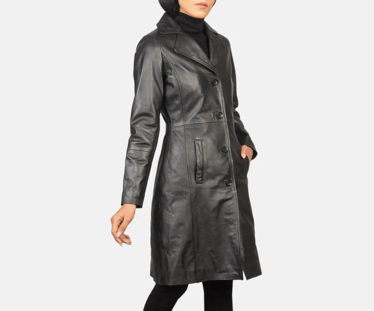 Alexis Black Single Breasted Leather Coat Luxury Women's Outerwear — Rear Profile & Tailored Seaming