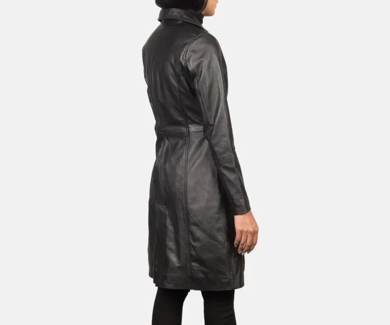 Alexis Black Single Breasted Leather Coat Luxury Women's Outerwear — Macro Hardware & Leather Grain