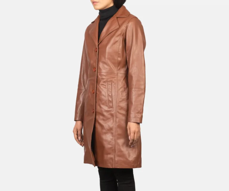 Alexis Brown Single Breasted Leather Coat Luxury Women's Outerwear — Three-Quarter Editorial Perspective