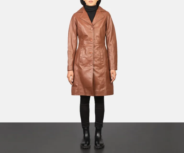 Alexis Brown Single Breasted Leather Coat Luxury Women's Outerwear — Collar & Closure Architecture