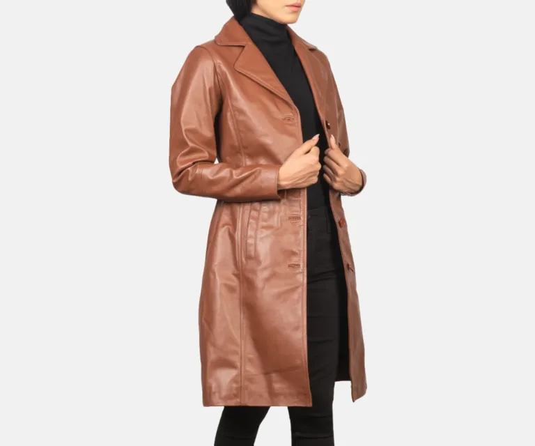 Alexis Brown Single Breasted Leather Coat Luxury Women's Outerwear — Rear Profile & Tailored Seaming