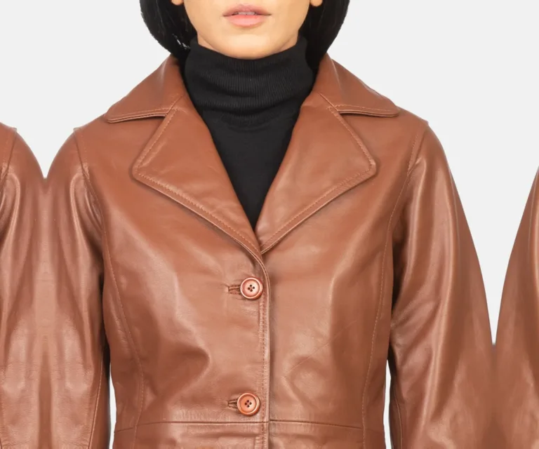 Alexis Brown Single Breasted Leather Coat Luxury Women's Outerwear — Macro Hardware & Leather Grain