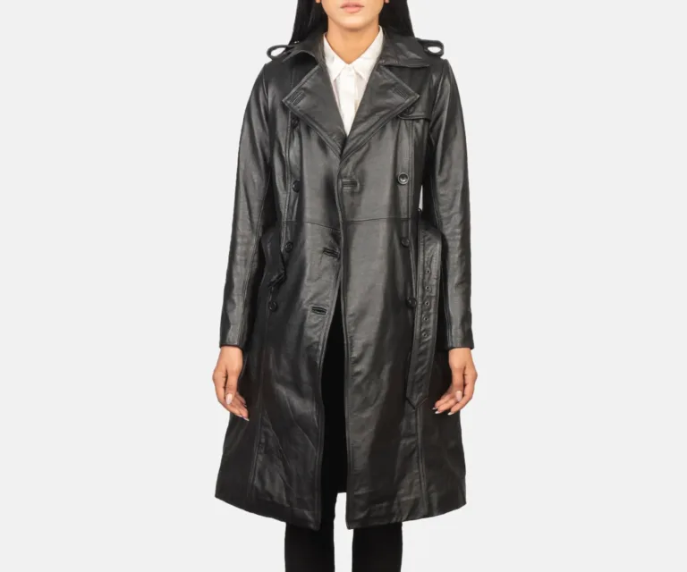 Alice Black Double Breasted Leather Coat Luxury Women's Outerwear — Collar & Closure Architecture