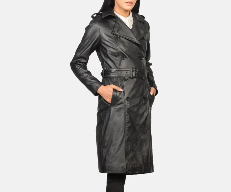 Alice Black Double Breasted Leather Coat Luxury Women's Outerwear — Rear Profile & Tailored Seaming