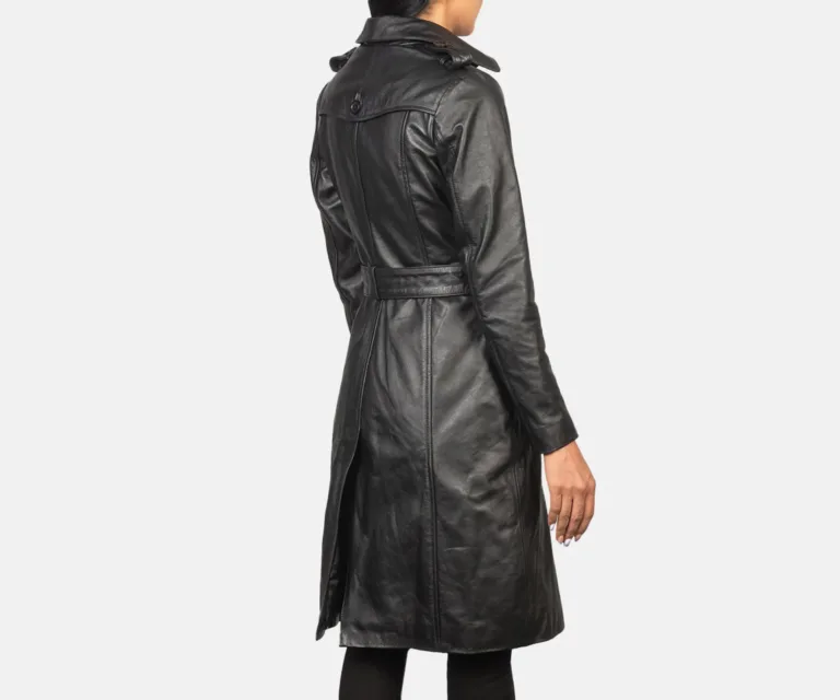 Alice Black Double Breasted Leather Coat Luxury Women's Outerwear — Macro Hardware & Leather Grain