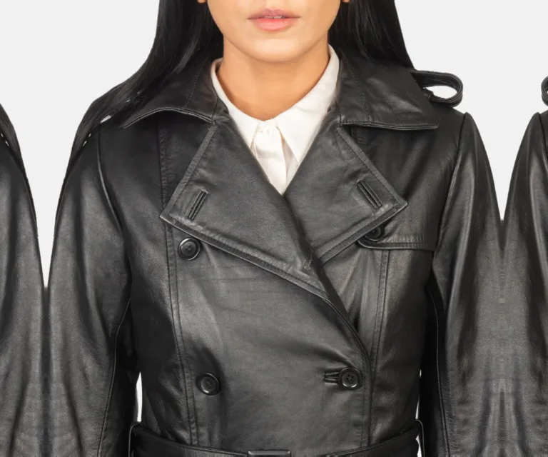Alice Black Double Breasted Leather Coat Luxury Women's Outerwear — Full-Length Silhouette & Drape