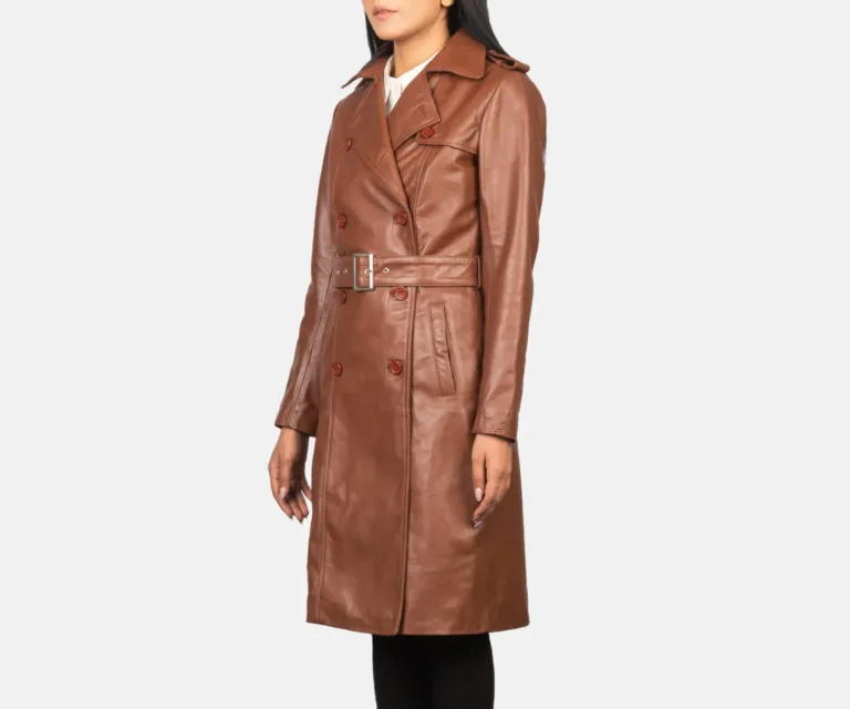 Alice Brown Double Breasted Leather Coat Luxury Women's Outerwear — Three-Quarter Editorial Perspective