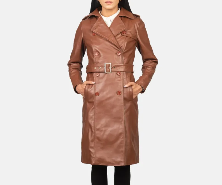 Alice Brown Double Breasted Leather Coat Luxury Women's Outerwear — Collar & Closure Architecture