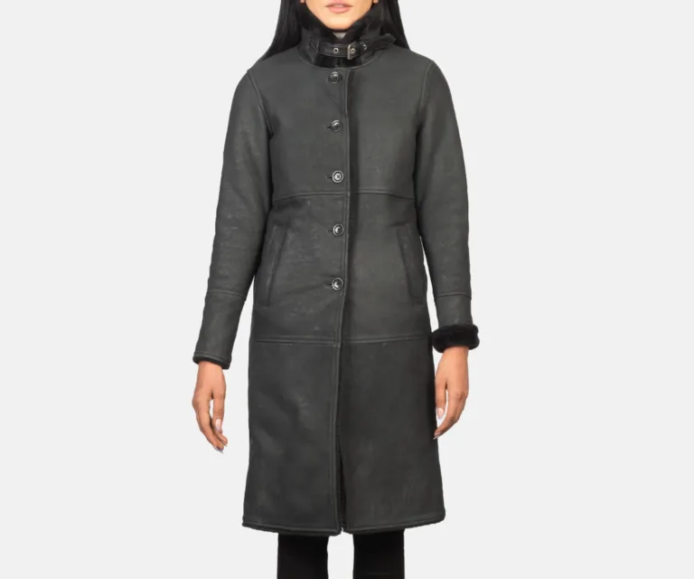 Alina Shearling Black Leather Coat Luxury Women's Outerwear — Rear Profile & Tailored Seaming