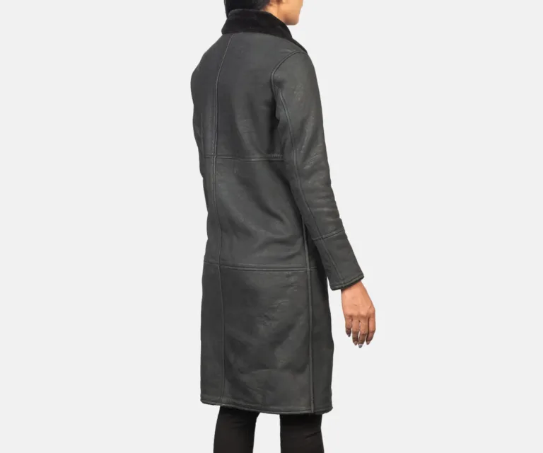 Alina Shearling Black Leather Coat Luxury Women's Outerwear — Macro Hardware & Leather Grain