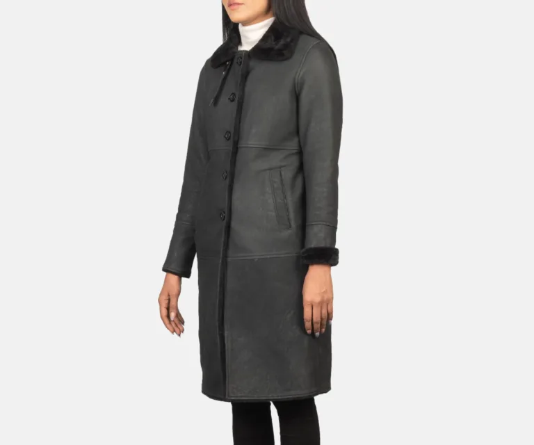 Alina Shearling Black Leather Coat Luxury Women's Outerwear — Full-Length Silhouette & Drape