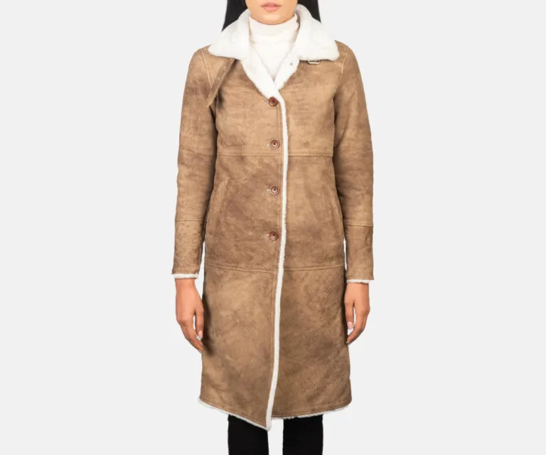 Alina Shearling Brown Leather Coat Luxury Women's Outerwear — Macro Hardware & Leather Grain