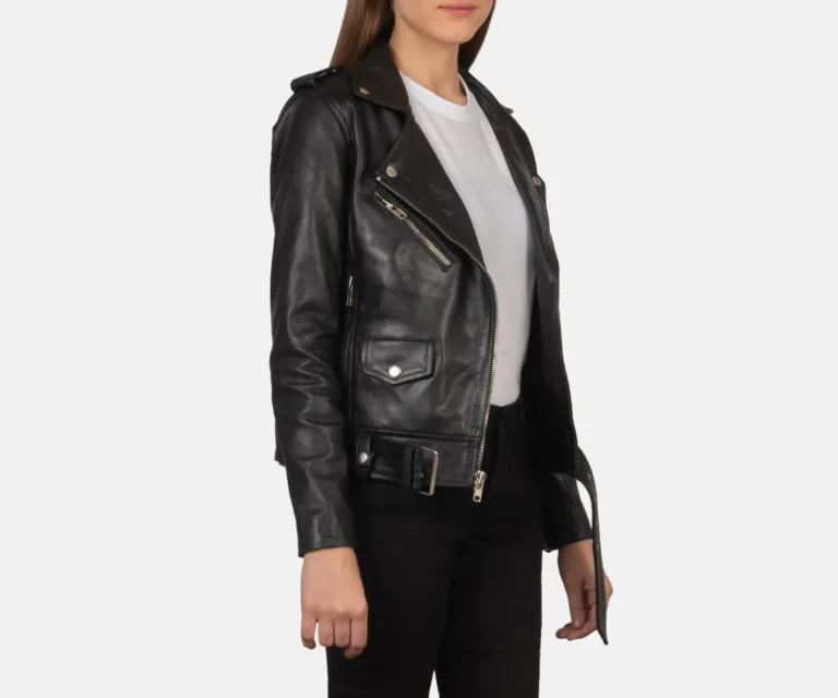 Alison Black Leather Biker Jacket Luxury Women's Biker Jacket — Three-Quarter Editorial Perspective