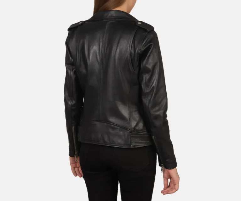 Alison Black Leather Biker Jacket Luxury Women's Biker Jacket — Macro Hardware & Leather Grain