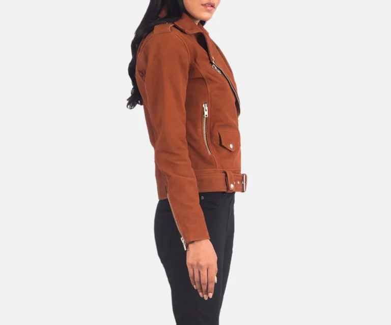 Alison Brown Suede Biker Jacket Luxury Women's Biker Jacket — Three-Quarter Editorial Perspective
