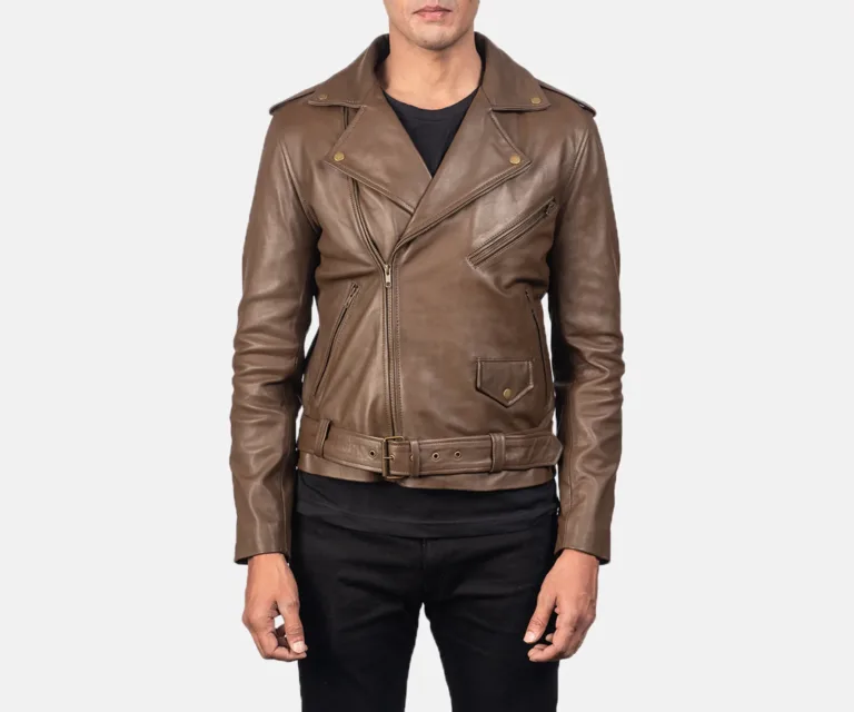 Allaric Alley Mocha Leather Biker Jacket — Front Zipped Placket & Collar Detail