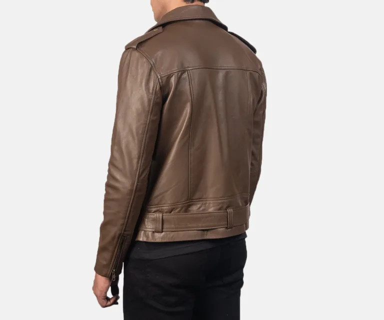 Allaric Alley Mocha Leather Biker Jacket — Macro Detail Texture, Stitching & Hardware