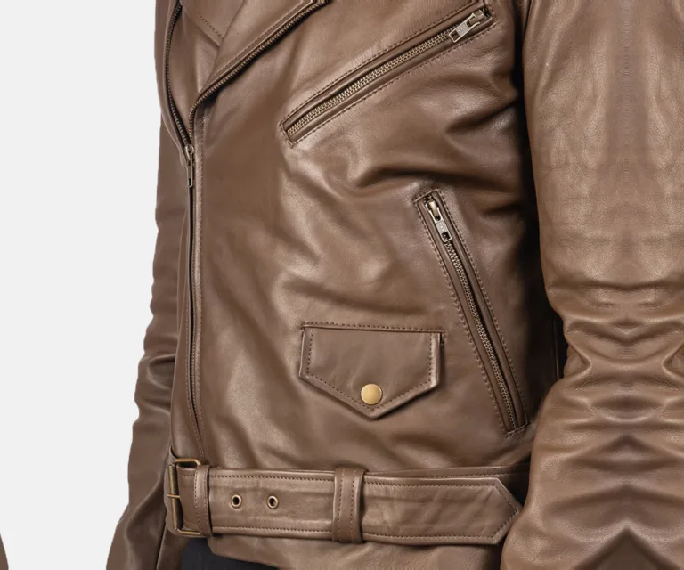 Allaric Alley Mocha Leather Biker Jacket — Full-Length Model Editorial Presentation