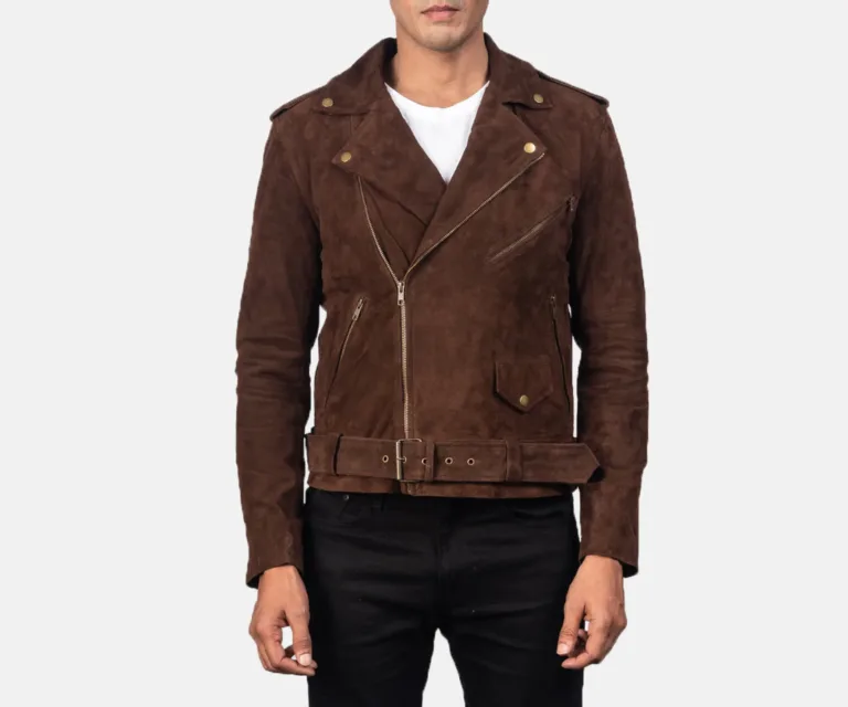 Allaric Alley Mocha Suede Biker Jacket — Quarter Angle Side Profile & Contoured Sleeve Detail
