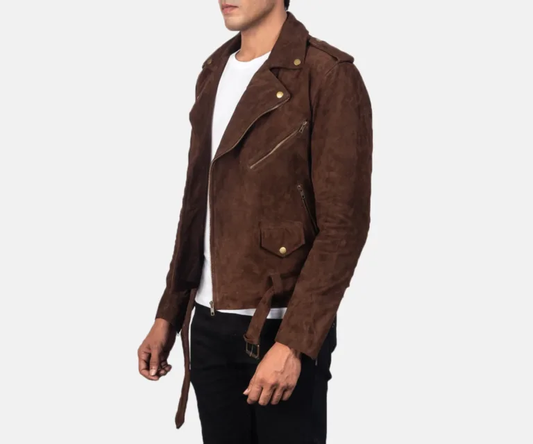 Allaric Alley Mocha Suede Biker Jacket — Front Zipped Asymmetric Lapel & Belt Detail