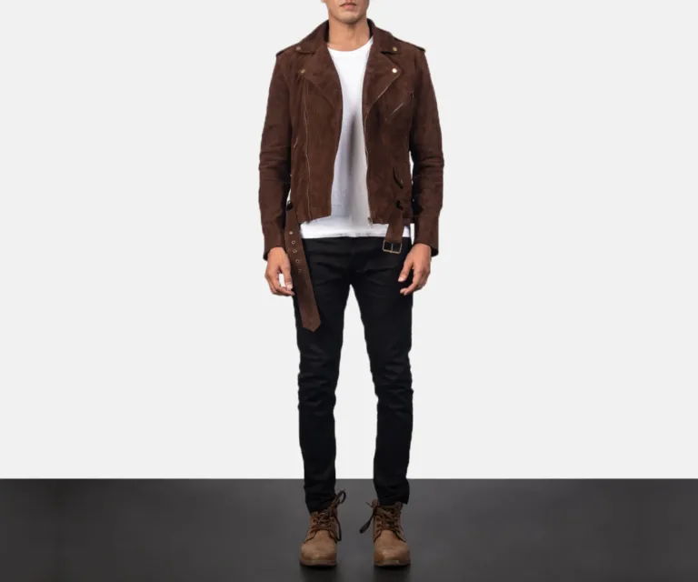 Allaric Alley Mocha Suede Biker Jacket — Rear Back View & Tapered Waistband
