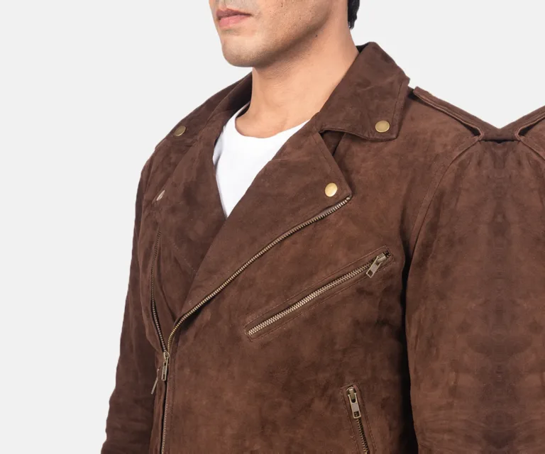 Allaric Alley Mocha Suede Biker Jacket — Editorial Full-Length Head-to-Toe Model Presentation