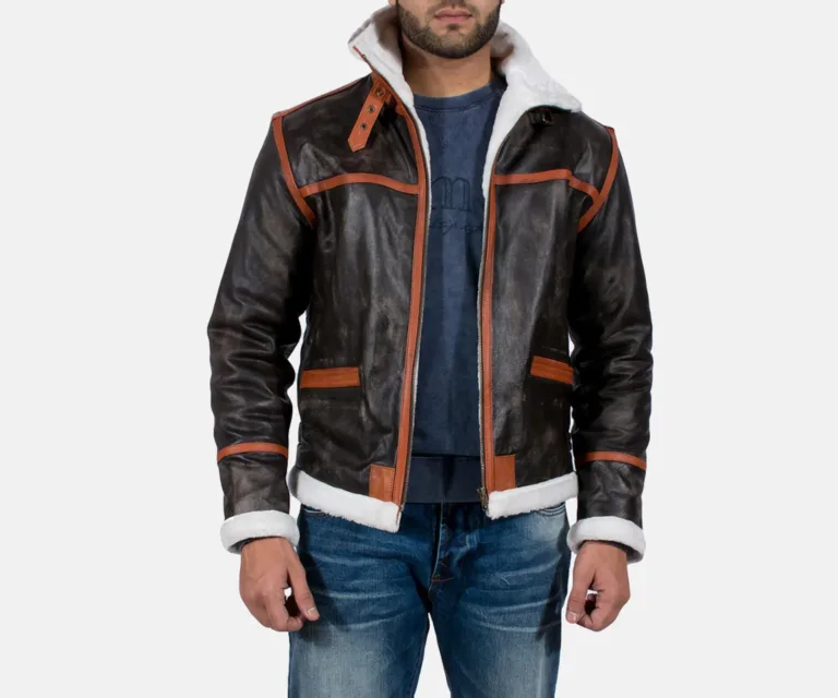 Alpine Brown Fur Leather Jacket — Quarter Angle Profile & Contoured Sleeve Detail