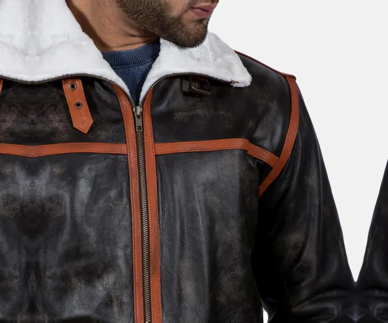 Alpine Brown Fur Leather Jacket — Front Collar Fur & Buckle Detail