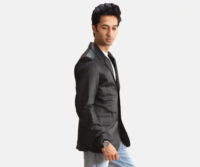 Alyson Black Leather Blazer — Quarter Angle Profile & Contoured Sleeve Detail