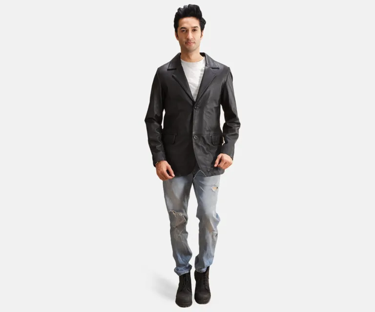 Alyson Black Leather Blazer — Front Lapel Closure & Button Detail