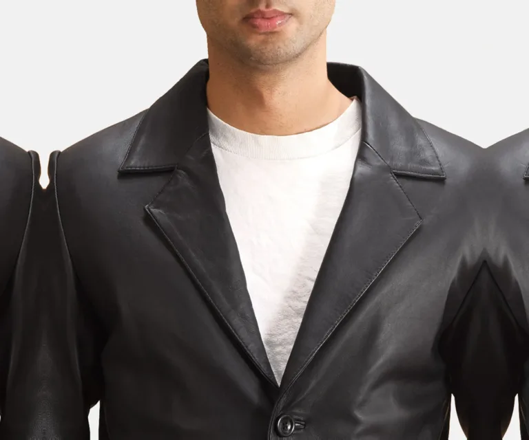 Alyson Black Leather Blazer — Macro Detail Leather Grain, Stitching & Buttons