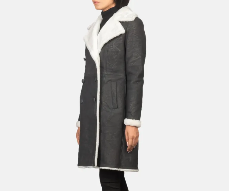 Amie Black Double Breasted Shearling Coat Luxury Women's Outerwear — Three-Quarter Editorial Perspective