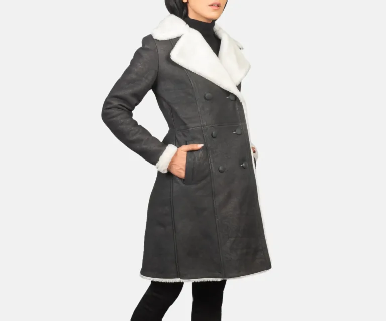 Amie Black Double Breasted Shearling Coat Luxury Women's Outerwear — Collar & Closure Architecture