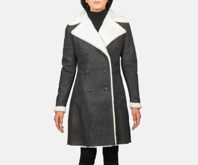 Amie Black Double Breasted Shearling Coat Luxury Women's Outerwear — Rear Profile & Tailored Seaming