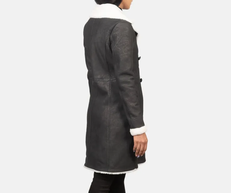 Amie Black Double Breasted Shearling Coat Luxury Women's Outerwear — Macro Hardware & Leather Grain