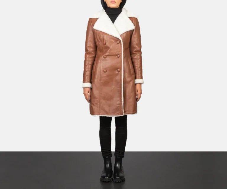 Amie Brown Double Breasted Shearling Coat Luxury Women's Outerwear — Front Silhouette Hero Presentation