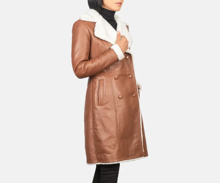 Amie Brown Double Breasted Shearling Coat Luxury Women's Outerwear — Collar & Closure Architecture