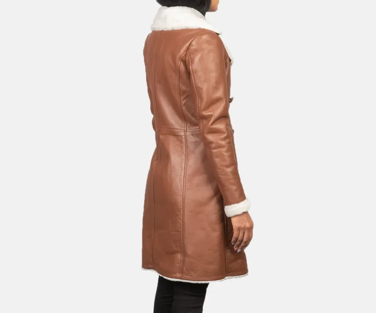 Amie Brown Double Breasted Shearling Coat Luxury Women's Outerwear — Macro Hardware & Leather Grain