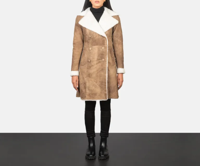 Amie Distressed Brown Double Breasted Shearling Coat Luxury Women's Outerwear — Front Silhouette Hero Presentation
